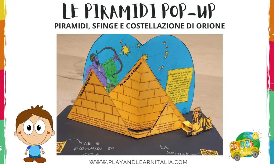 Modello pop-up con piramidi, sfinge e Orione, ideale per la matematica egizia a scuola primaria.