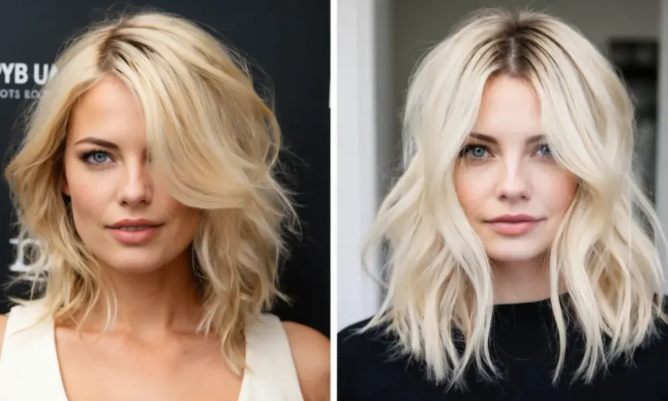 Zwei Porträts einer Frau mit blonden Haaren. Auf der linken Seite sind ihre Haare heller geworden, mit einem deutlichen Unterschied zu den dunkleren Ansätzen.