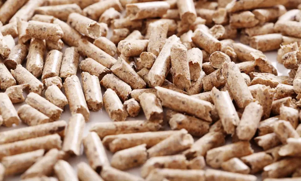 Montón de varios tipos de pellet de madera, pequeños cilindros de material orgánico compactado, listos para ser usados como combustible.