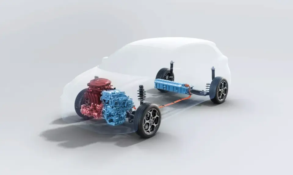 Schemat układu napędowego mg3 hybrid: silnik spalinowy (czerwony), elektryczny (niebieski) i bateria (niebieska).