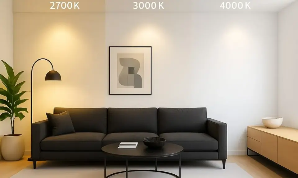 Salon z kanapą i stolikiem, gdzie widać różną barwę światła: ciepłą 2700K, neutralną 3000K i zimną 4000K.
