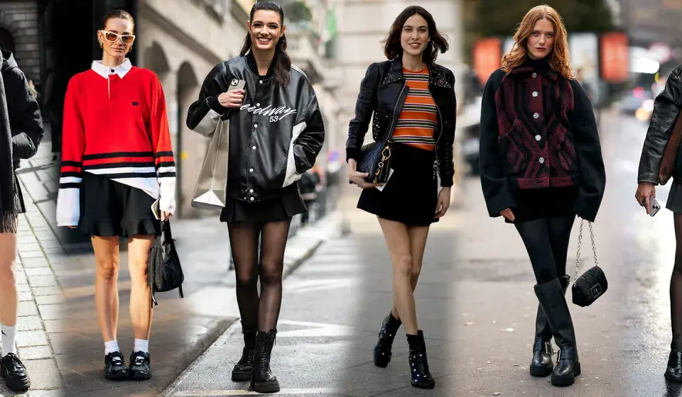 Moda invernale: outfit con gonna nera corta, giacche in pelle e stivali.