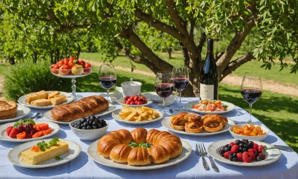 Un festin en plein air : pain, fruits, tartes et vin rouge, une véritable spécialité du Luberon sous les arbres.