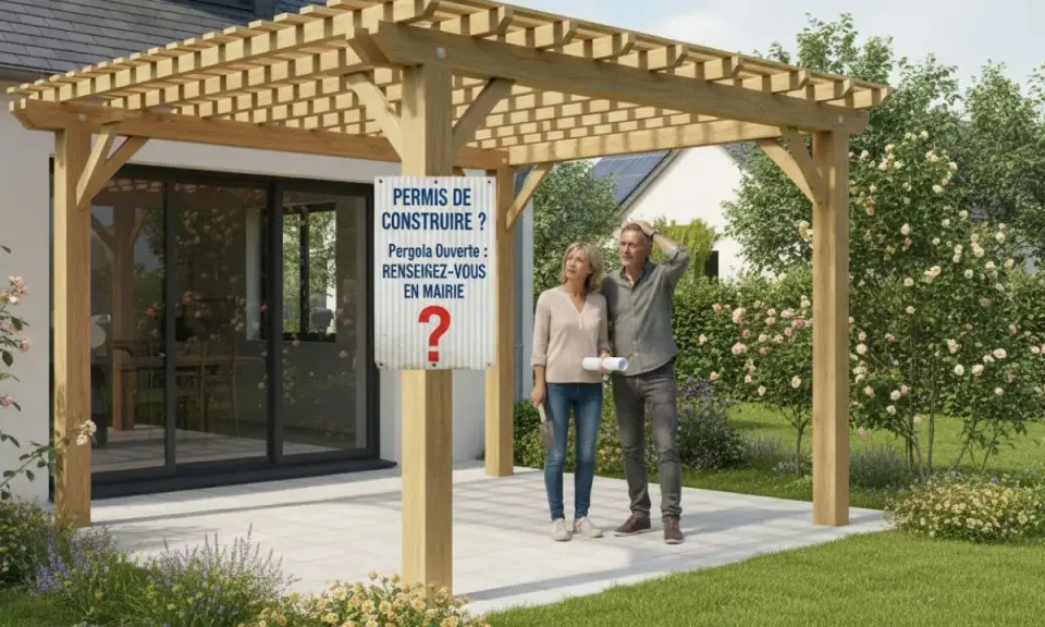Un couple perplexe devant un panneau "Permis de construire ? Pergola Ouverte : Renseignez-vous en mairie". Le plan de masse de la pergola est visible.