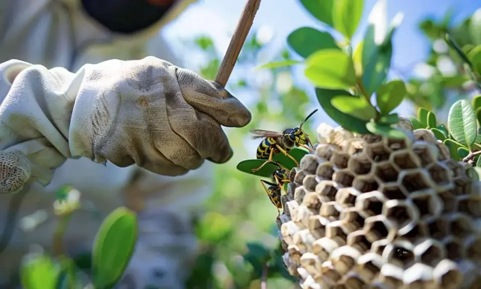 Gant de protection et bâton s'approchent d'un bourdon nid sur une branche. Les guêpes sont actives.