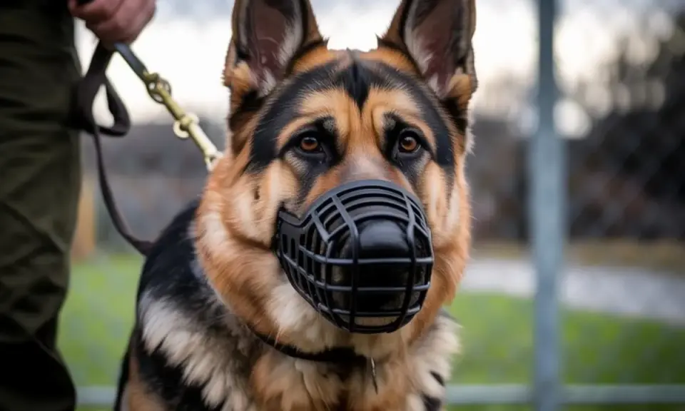 Berger allemand muselé, tenu en laisse. Un outil pour savoir comment faire lâcher un chien qui attaque.