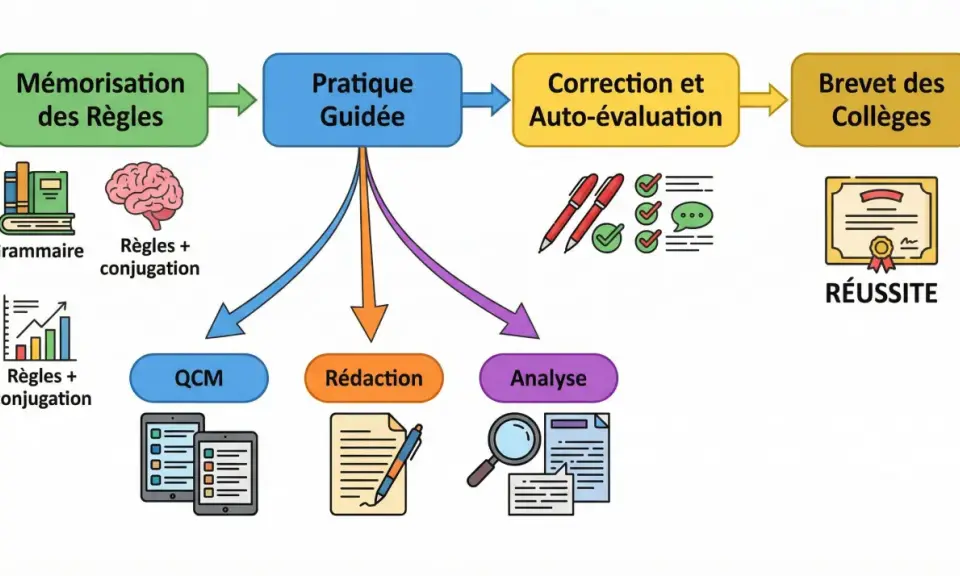 Schéma du parcours d'apprentissage : mémorisation, pratique guidée (QCM, rédaction, analyse), correction, auto-évaluation, et succès au Brevet des Collèges. Le bon timing est essentiel.