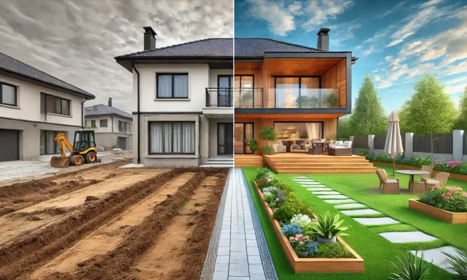 Avant/après : chantier d'une maison neuve transformé en jardin paysager luxuriant.