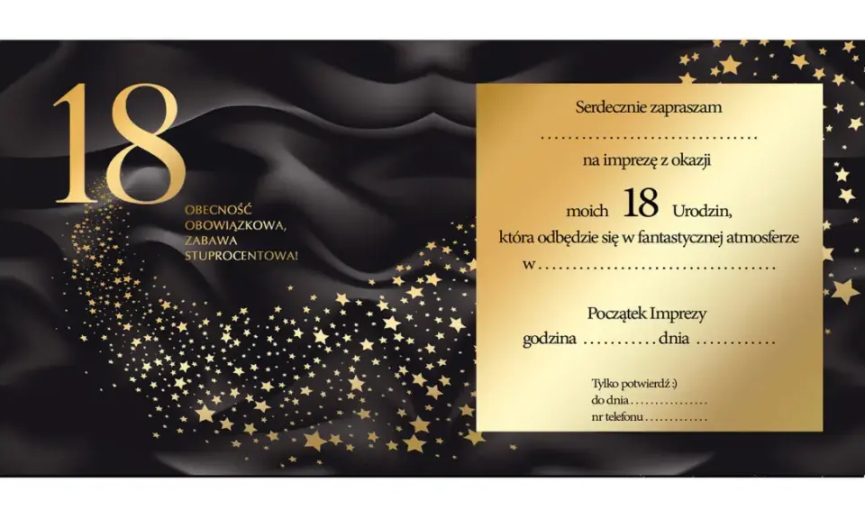 Eleganckie zaproszenie na 18 urodziny z motywem złotych gwiazd. Dowiedz się, jak napisać zaproszenie na 18 urodziny, by było wyjątkowe!