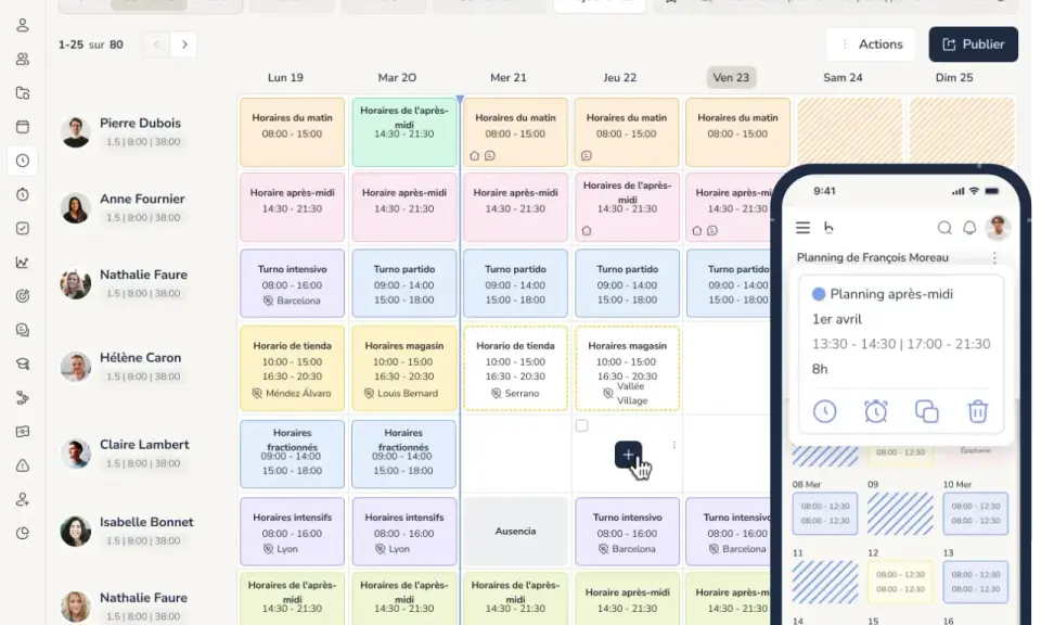 Un planificateur d'application affiche un calendrier hebdomadaire avec des horaires pour plusieurs employés. Une vue mobile montre un planning détaillé.