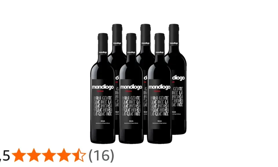 Seis botellas de vino tinto Monólogo Crianza. Las etiquetas muestran "Para gente que dice lo que piensa y piensa lo que dice". Opiniones positivas.