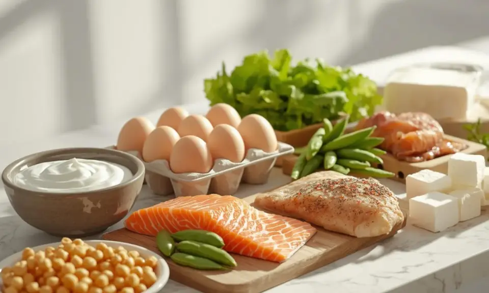 Zdrowe produkty bogate w białko: łosoś, kurczak, jajka, jogurt, ciecierzyca, fasolka, ser. Kluczowe składniki dla diety zapobiegającej sarkopenii.