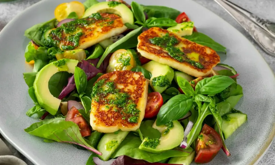 Pyszna sałatka z halloumi, awokado, pomidorkami i świeżymi ziołami, polana zielonym dressingiem.