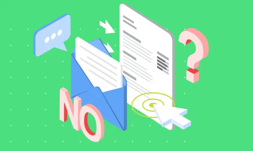 Grafika z kopertą, dokumentem, znakiem zapytania i napisem "NO".