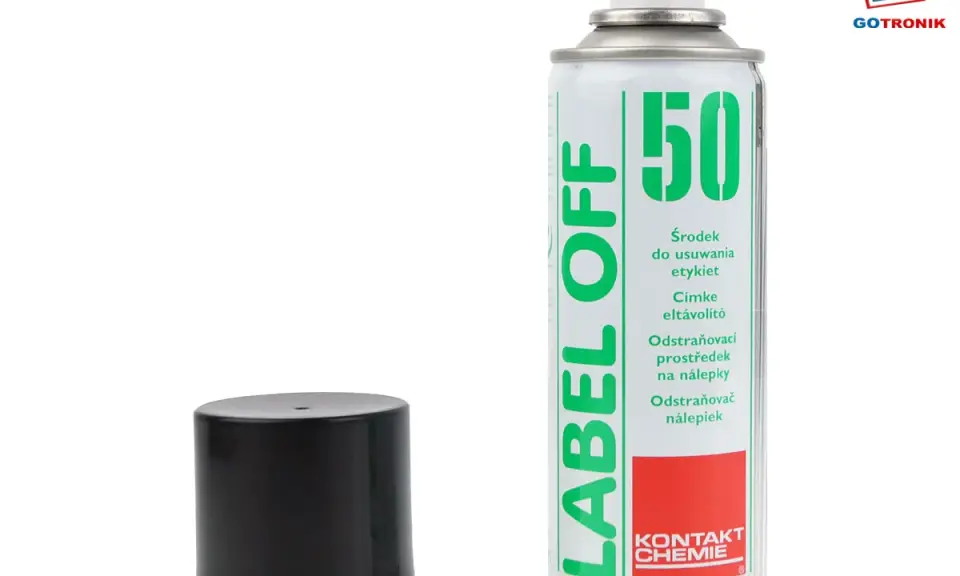 Puszka preparatu do usuwania naklejek LABEL OFF 50. Obok czarna nakrętka.