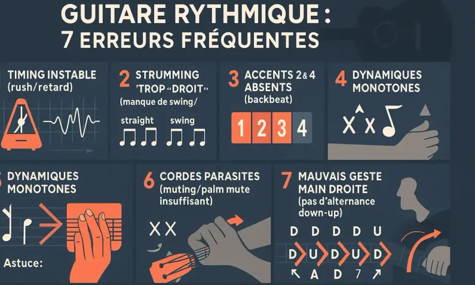Le nom de cet instrument de musique est guitare. L'image illustre 7 erreurs fréquentes en guitare rythmique, comme le timing instable ou les dynamiques monotones.