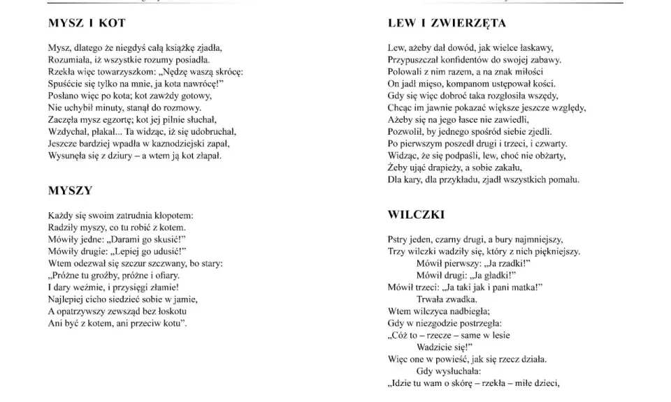 Monachomachia streszczenie: mysz próbuje przekonać kota do rozmowy, ale ten ją zjada. Bajka o lwie i zwierzętach, oraz o myszach i wilczkach.