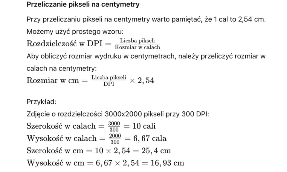 Obliczenia ile dpi do druku. Wzory na przeliczanie pikseli na centymetry i przykładowe wyliczenia rozmiaru wydruku.