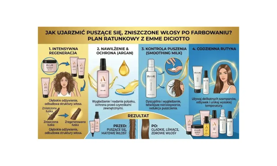 Plan ratunkowy dla zniszczonych włosów po farbowaniu: regeneracja, nawilżenie, kontrola puszenia i codzienna rutyna z produktami Emme Diciotto.