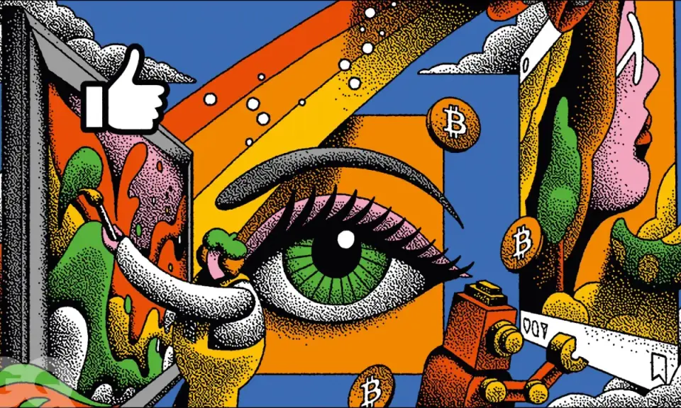 A vibrant illustration showing how to start buying art with Bitcoin. A hand paints on a screen, a giant eye observes, and Bitcoin symbols float around.