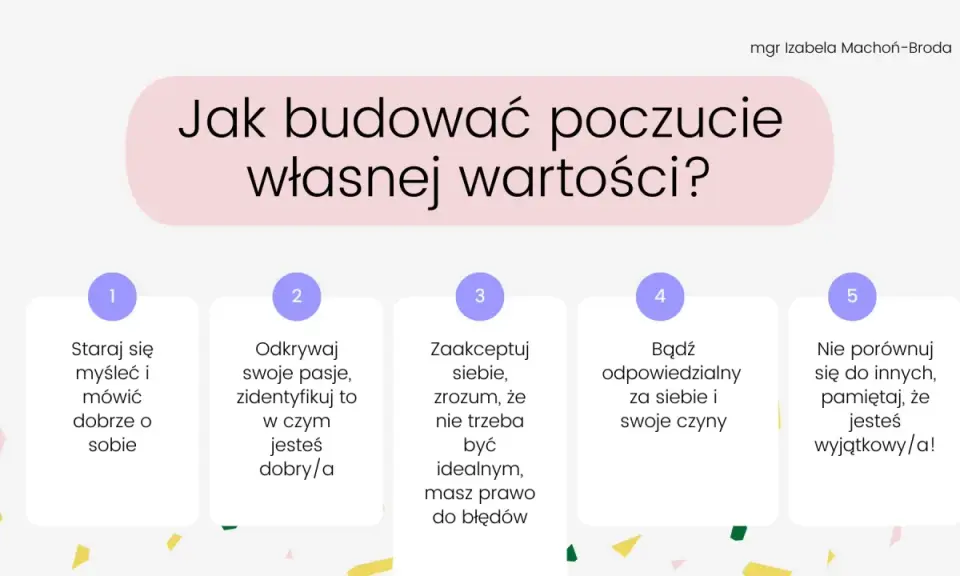 Jak budować poczucie własnej wartości? 5 kroków: myśl dobrze o sobie, odkrywaj pasje, akceptuj siebie, bądź odpowiedzialny, nie porównuj się.