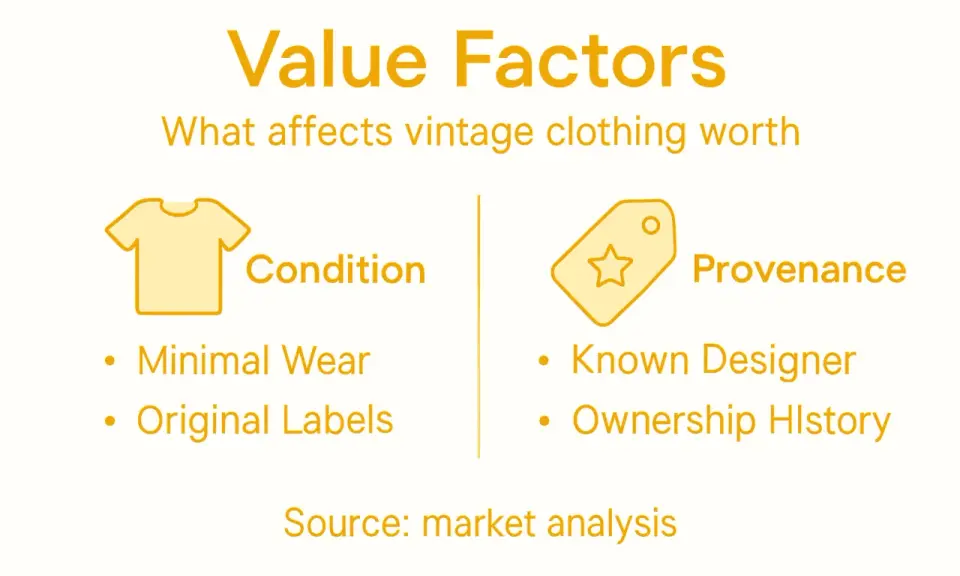 Value factors for vintage clothing: condition (minimal wear, original labels) and provenance (known designer, ownership history).