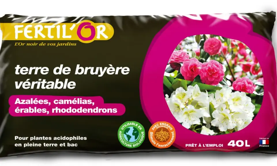 Sac de terre de bruyère Fertilor pour rhododendrons, camélias et azalées. Idéal pour plantes acidophiles.