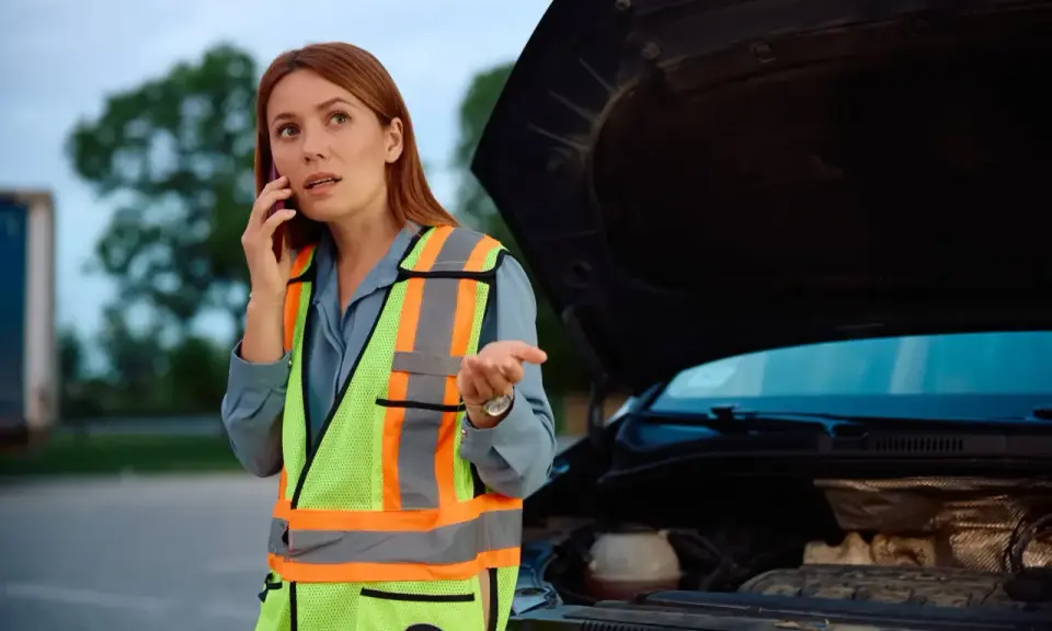 Kobieta w kamizelce odblaskowej rozmawia przez telefon przy otwartej masce samochodu. Jej rozbiegany diesel odmówił posłuszeństwa.