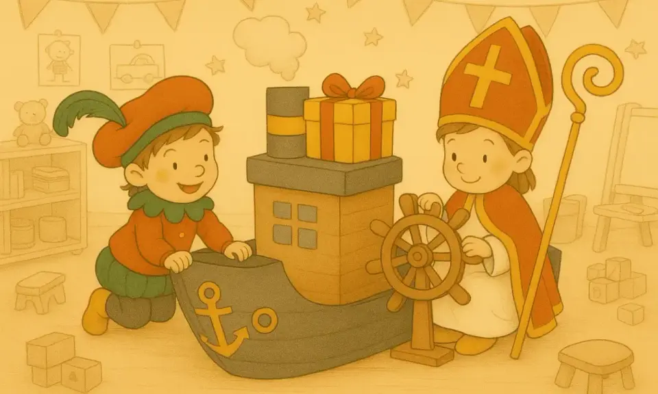 Een Zwarte Piet en Sinterklaas spelen met een speelgoedboot vol cadeautjes. Perfect voor begrijpend lezen sinterklaas oefeningen!