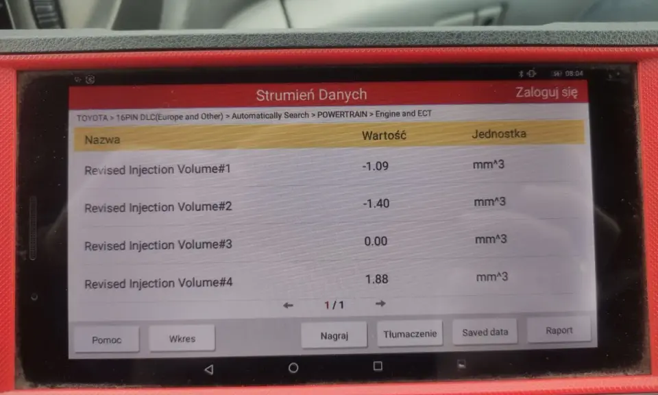 Diagnostyka c1203 toyota: ekran pokazuje strumień danych z wartościami wolumenu wtrysku paliwa dla silnika.