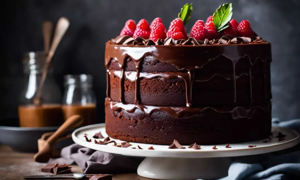 Un délicieux layer cake chocolat, nappé de glaçage brillant et garni de framboises fraîches. Un rêve gourmand !