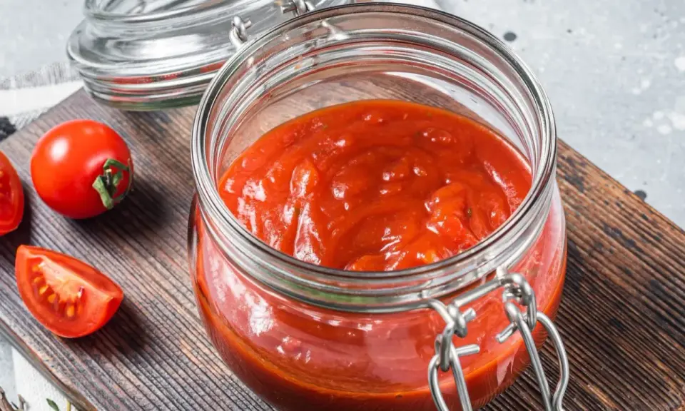 Domowy passata pomidorowa przepis. Słoik pełen gęstego sosu pomidorowego, obok świeże pomidory na desce.