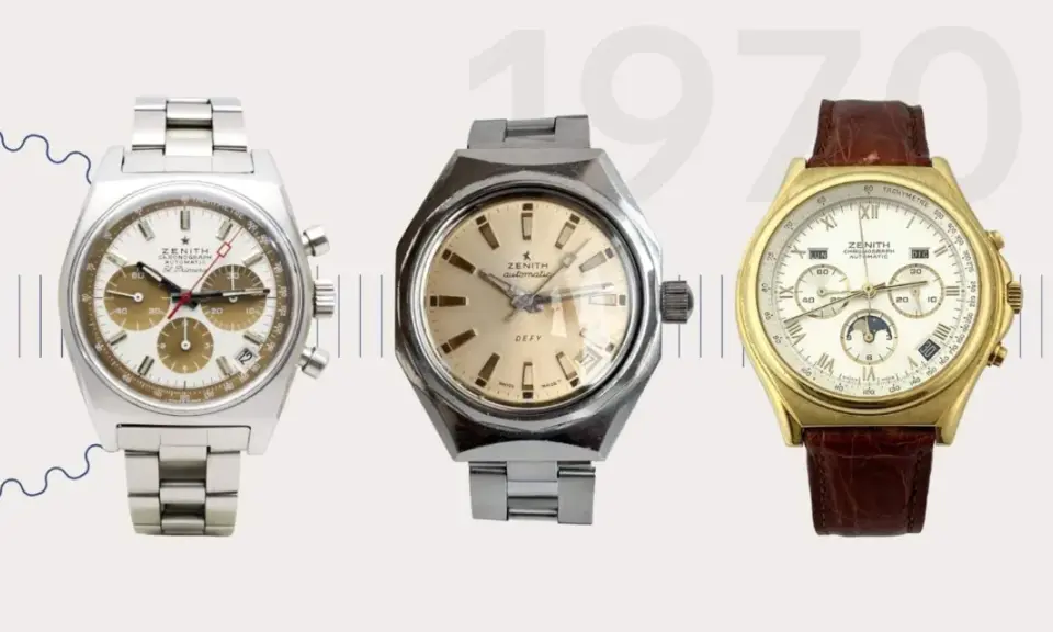 Tre orologi Zenith storici: un cronografo El Primero, un Defy e un modello in oro con fasi lunari.