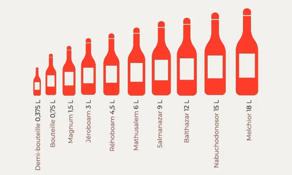 Comparaison des noms des bouteilles de vin, de la plus petite (Demi-bouteille 0,375 L) à la plus grande (Melchior 18 L).