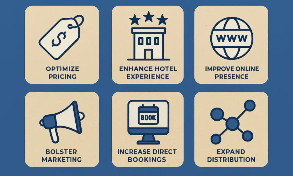 Sześć ikon: optymalizacja cen, ulepszenie doświadczeń hotelowych, obecność online, marketing, zwiększenie **direct booking** i dystrybucja.