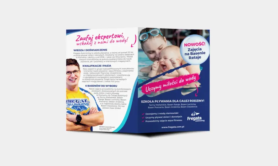 Szablon ulotki Fregata Swimming: nauka pływania dla całej rodziny, zajęcia na Basenie Rataje. Zaufaj ekspertom, wskakuj z nami do wody!
