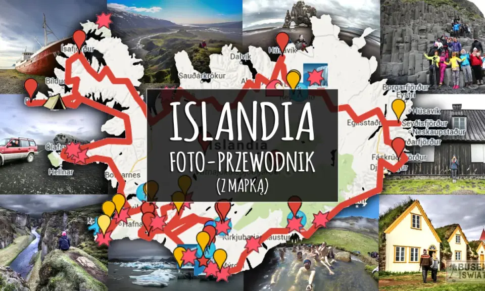 Islandia: mapa z trasą zwiedzania, od wraku statku po gorące źródła. W tle Reykjavik i malownicze krajobrazy.