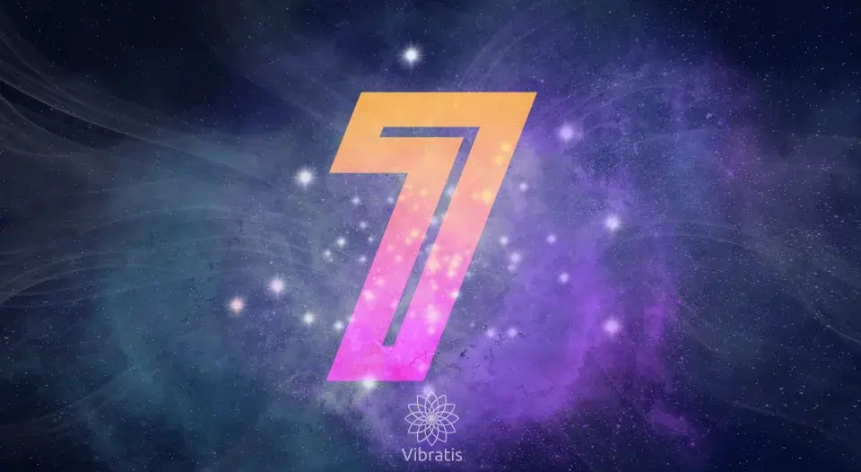 Le chiffre 7 signification dans un ciel étoilé cosmique, avec des nébuleuses violettes et des étoiles scintillantes.