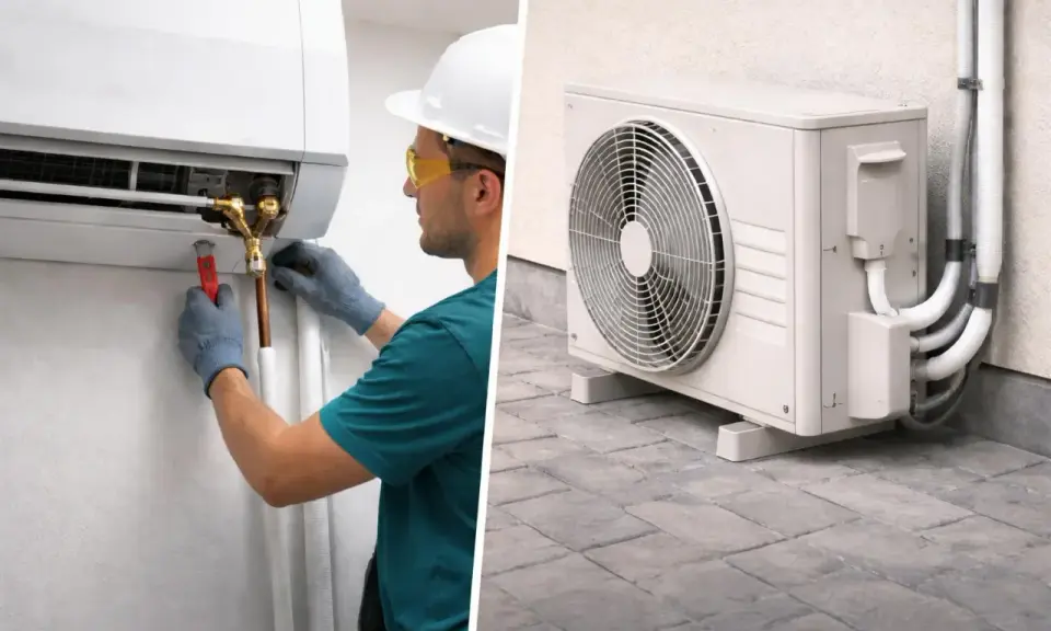 Técnico realiza la **conexión de tubos de aire acondicionado** a la unidad interior. Al lado, la unidad exterior con sus tubos.
