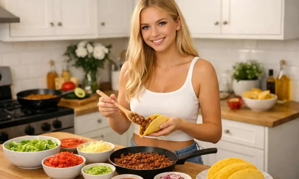 Glad kvinna förbereder tacos med en sked fylld med köttfärs. Runt henne finns skålar med sallad, tomat, ost och lök – allt för ett perfekt tacos recept.