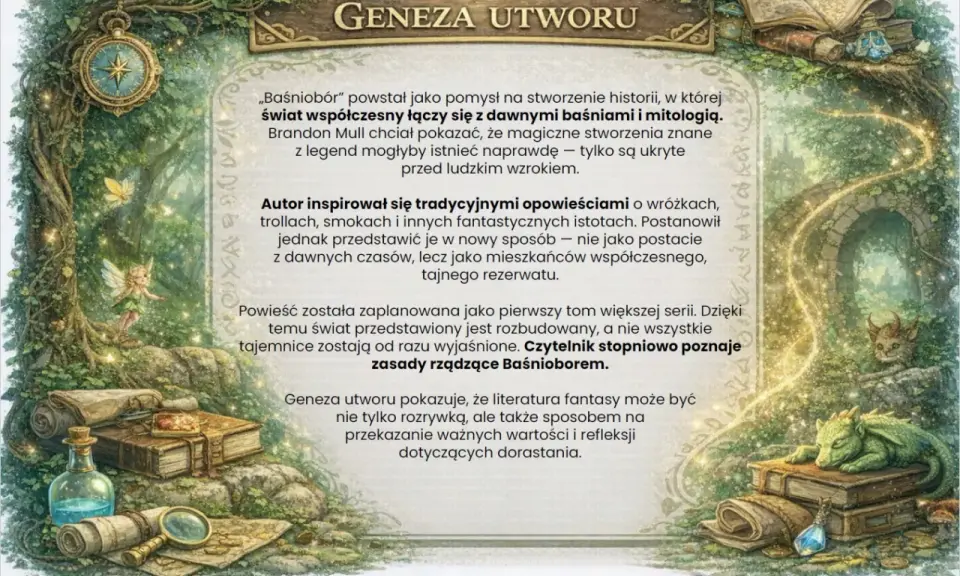 Baśniobór: streszczenie genezy utworu. Magiczne stworzenia łączą się ze światem współczesnym. Autor czerpał z baśni i mitologii, tworząc sekretny rezerwat.