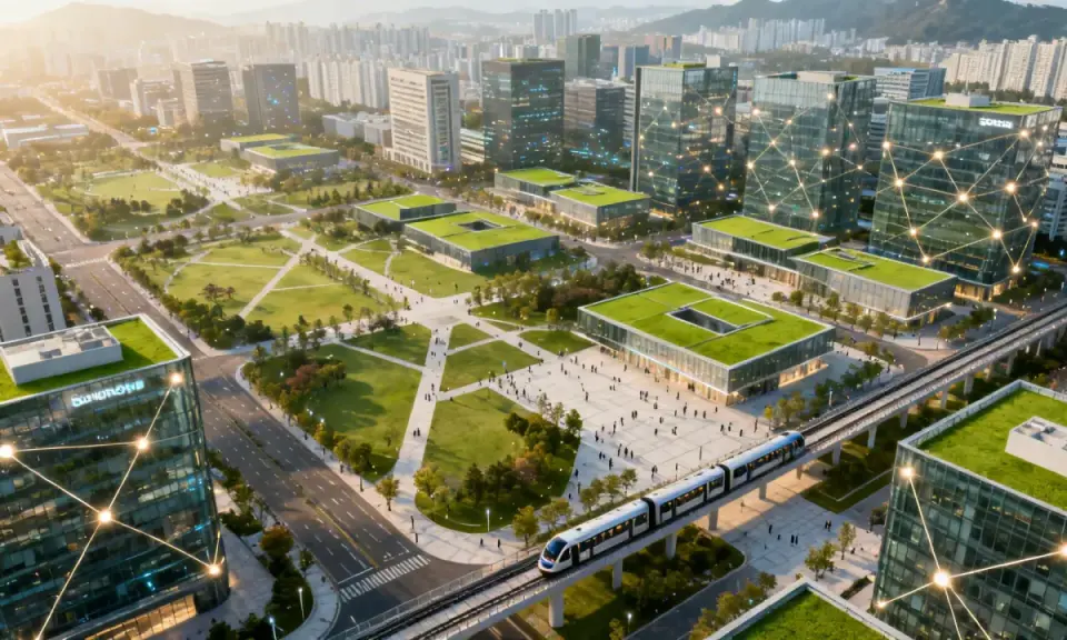Modellprojekte Smart Cities: Grüne Dächer, vernetzte Gebäude und eine moderne Bahn prägen diese futuristische Stadtlandschaft.