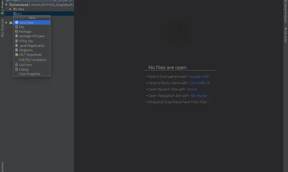 Menu kontekstowe w IntelliJ IDEA, opcja "Singleton" dla tworzenia klasy wzorca singleton java.