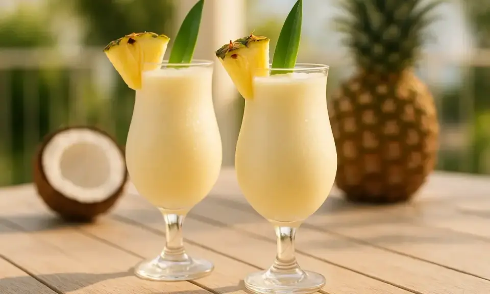 Deux verres de pina colada sans alcool, décorés d'ananas, avec un ananas et une noix de coco en arrière-plan.