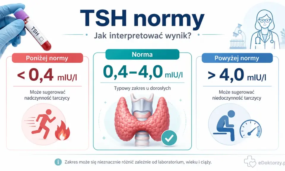 TSH normy: poniżej 0,4 mIU/I (nadczynność), 0,4-4,0 mIU/I (norma), powyżej 4,0 mIU/I (niedoczynność). Jak interpretować wynik?