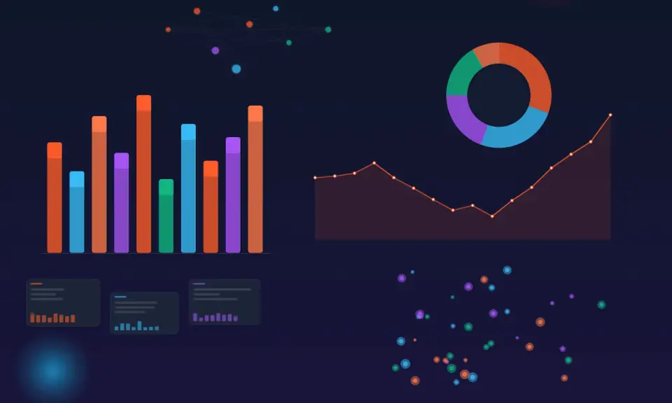 Tableaux, graphiques et points colorés illustrant des données. Un futur ecole data analyst y trouverait son compte.
