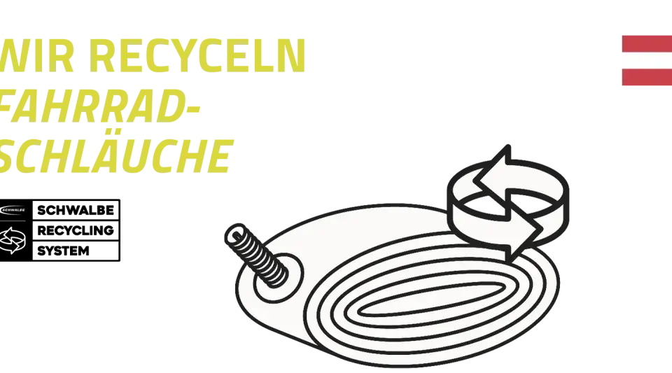 Wir recyceln Fahrradschläuche. Ein aufgerollter Schlauch mit Ventil und Recycling-Symbol.