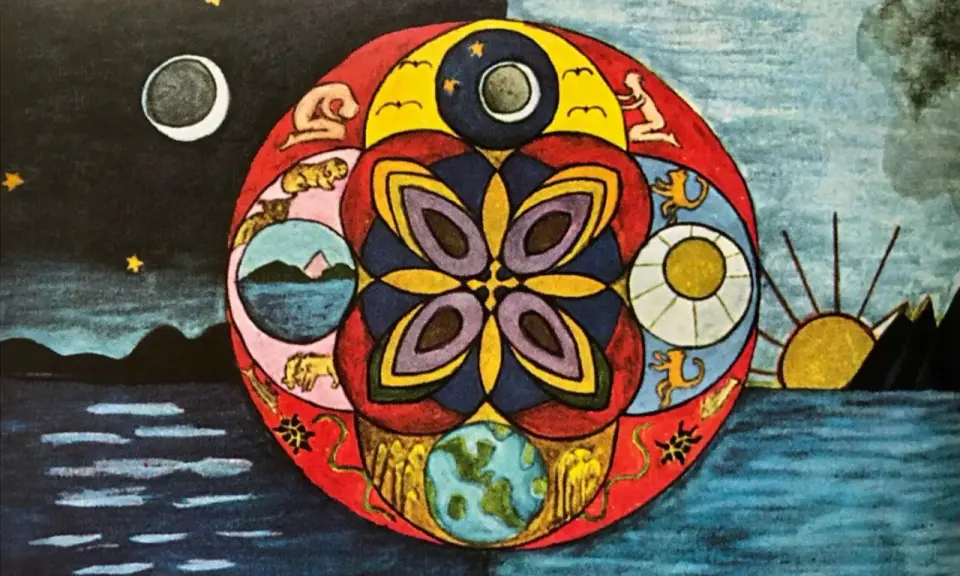 Mandala z symbolami dnia i nocy, ziemi i nieba, przypominająca karty **as kielichów tarot**.
