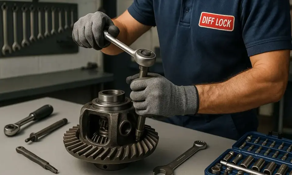Mechanik w rękawiczkach naprawia dyferencjał kluczem.