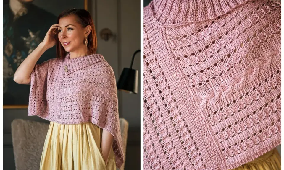 Mujer sonriente luce un elegante poncho a dos agujas en tono rosa pálido, con intrincados puntos calados y trenzas.